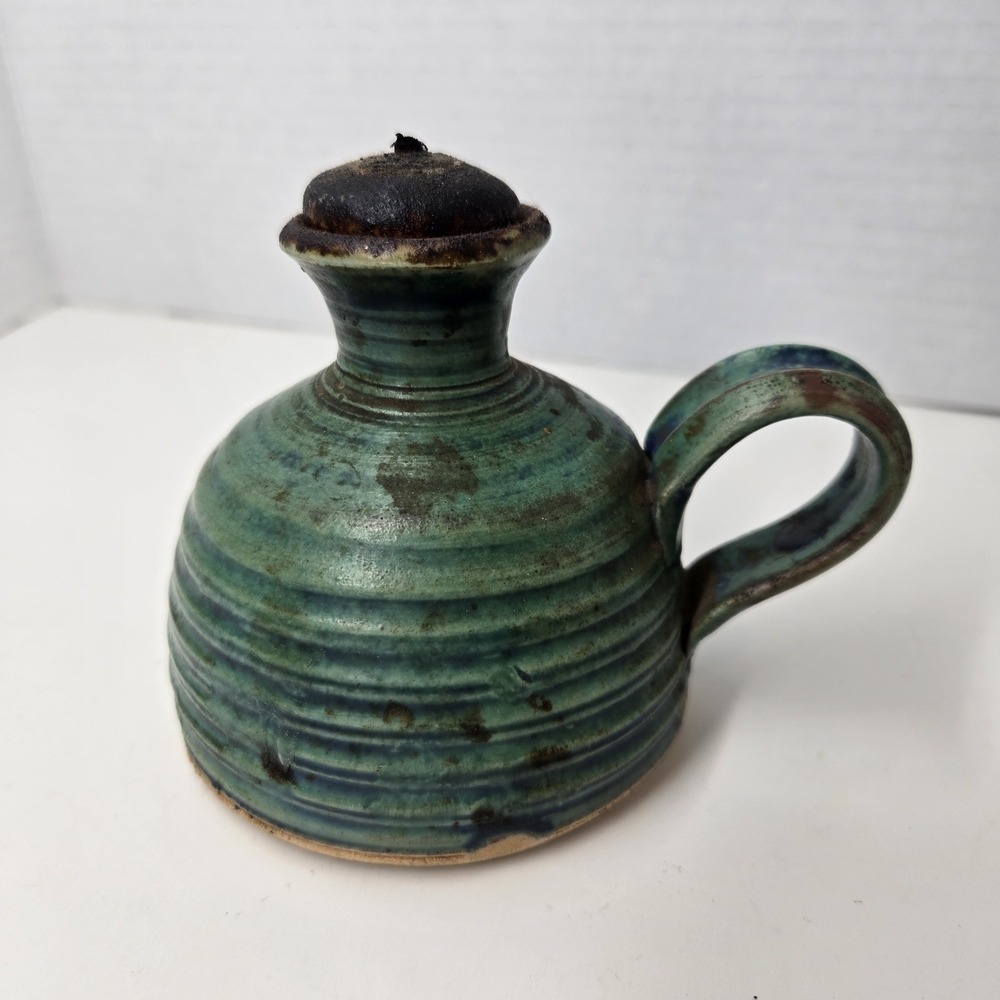 vintage mid-century modern MCM 1978 Stamped green ceramic Pottery oil lamp